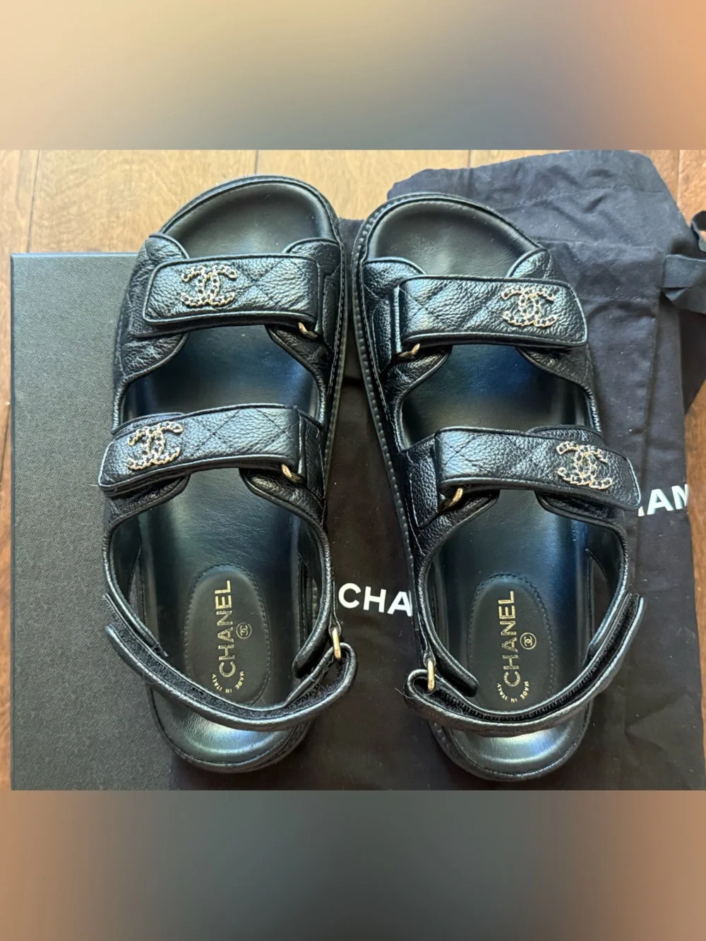 CHANEL Grained Calfskin Quilted Leather Velcro Dad Sandals 37 Black - AUTHENTIC